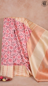 Pink and Beige Floral Ikkat Semi Tussar Silk Saree